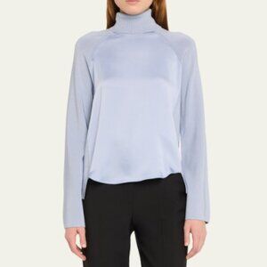Jonathan Simkhai Mateo Top Turtleneck Pullover Satin Front Blue Size XL NWT